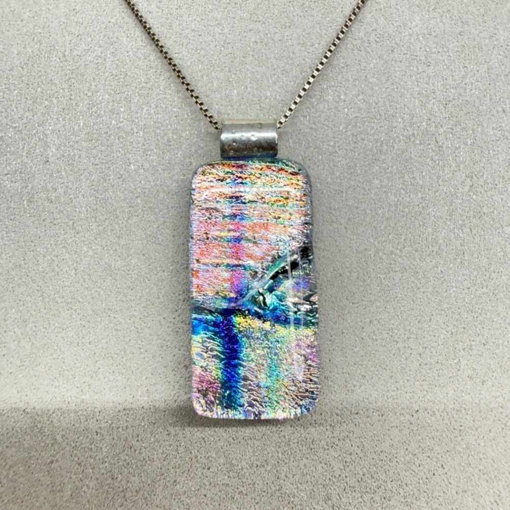 Blue Dichroic Fused Glass Pendant Necklace Rectangle Opalescent Pastel 18"
